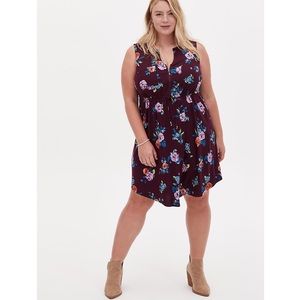 Torrid 1 Floral Challis Zip Front Drawstring Waist Shirt Dress Burgundy Purple